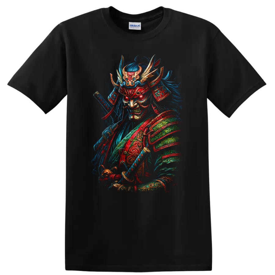 Japanese Samurai Demon Mask T Shirt Fierce Neon Warrior Art - Black