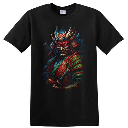 Japanese Samurai Demon Mask T Shirt Fierce Neon Warrior Art - Black