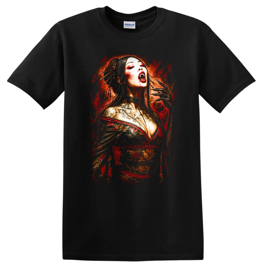 Japanese Geisha Vampire Art T Shirt Floral Horror Style - Black