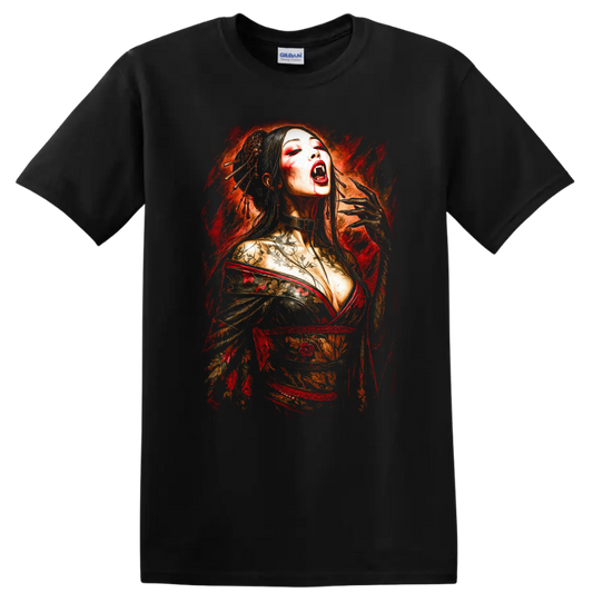 Japanese Geisha Vampire Art T Shirt Floral Horror Style - Black