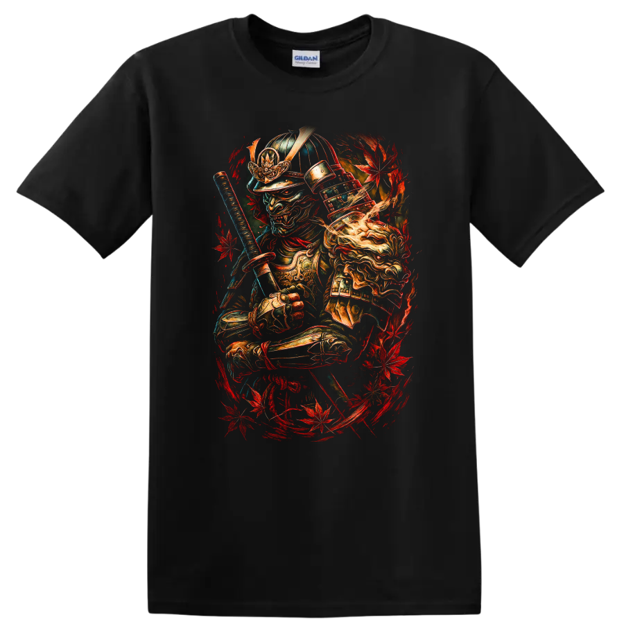 Japanese Samurai Warrior Mask T Shirt with Red Maple Leaves - Black