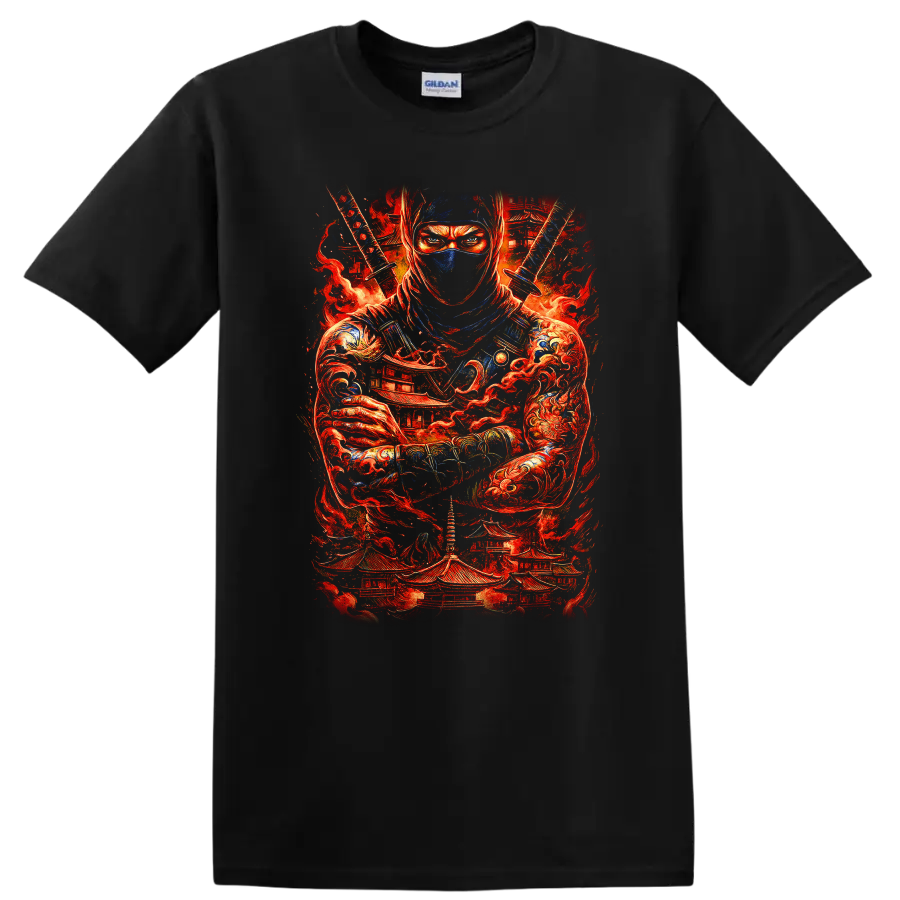 Japanese Ninja Samurai Warrior Fire Art T Shirt for Martial Arts Fans - Black