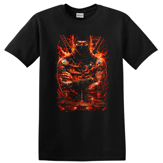 Japanese Ninja Samurai Warrior Fire Art T Shirt for Martial Arts Fans - Black