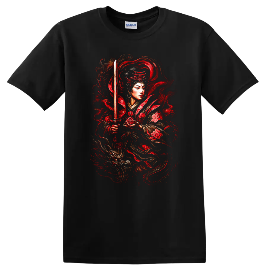 Japanese Warrior Katana Red Floral Samurai T Shirt - Black