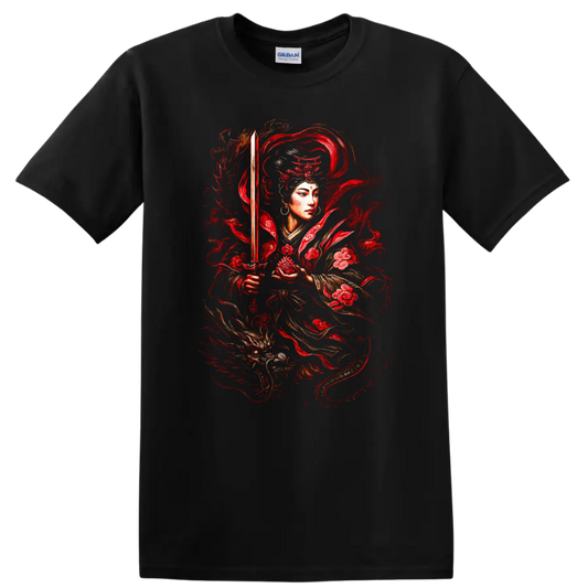 Japanese Warrior Katana Red Floral Samurai T Shirt - Black