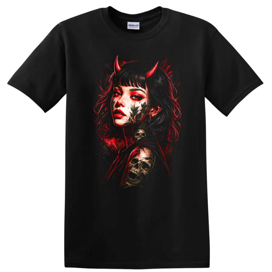 Japanese Style Demon Girl Skull Graphic T Shirt Red and Black - Black
