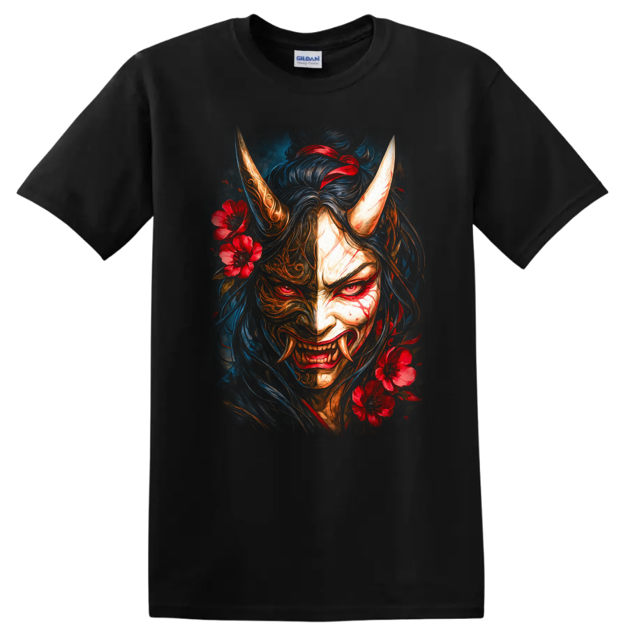 Japanese Oni Demon Mask Floral T Shirt for Fans of Dark Samurai Art - Black