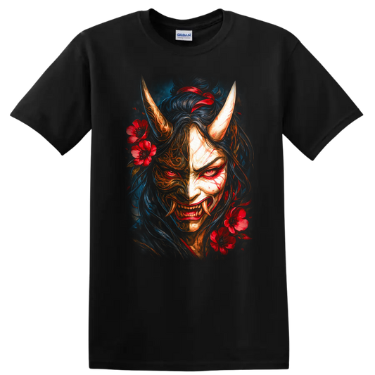 Japanese Oni Demon Mask Floral T Shirt for Fans of Dark Samurai Art - Black