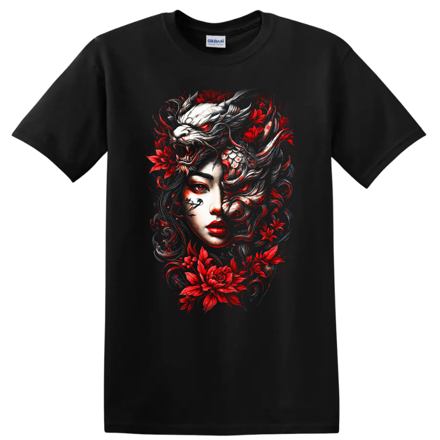 Japanese Style Oni Mask Floral Dragon T Shirt Red White Artwork - Black