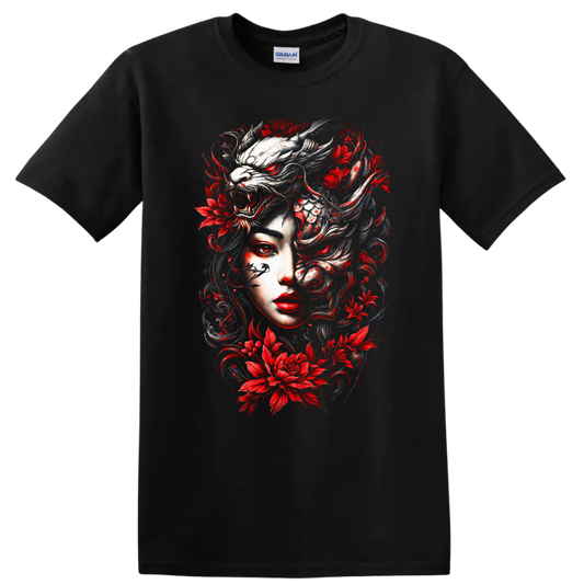Japanese Style Oni Mask Floral Dragon T Shirt Red White Artwork - Black