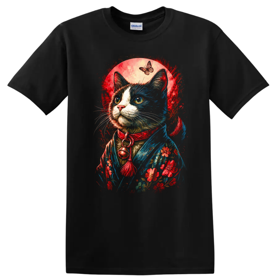 Japanese Style Cat and Butterfly Floral Art T Shirt for Cat Lovers - Black