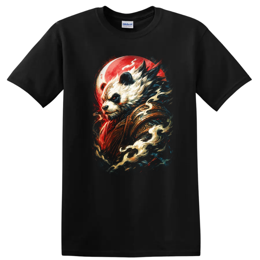 Japanese Style Panda Warrior Art T Shirt Bold Red Blue Mystic Design - Black