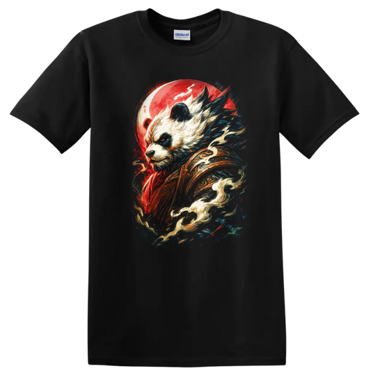 Japanese Style Panda Warrior Art T Shirt Bold Red Blue Mystic Design - Black