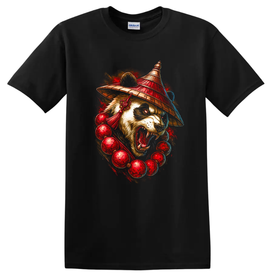 Japanese Panda Warrior Mask T Shirt with Fierce Red Art Graphic - Black