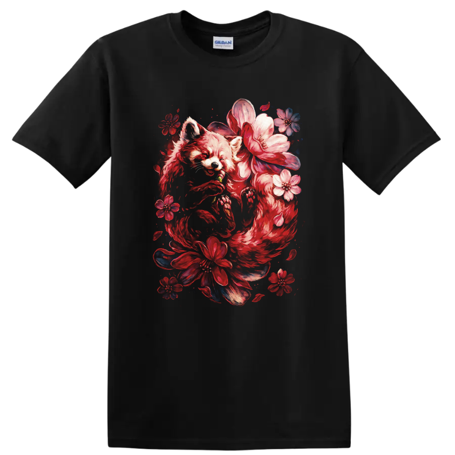 Japanese Style Red Fox Floral Art T Shirt for Nature Lovers - Black