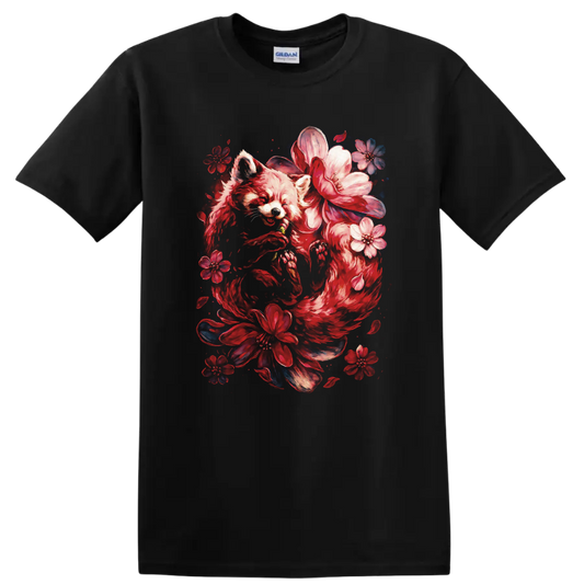 Japanese Style Red Fox Floral Art T Shirt for Nature Lovers - Black
