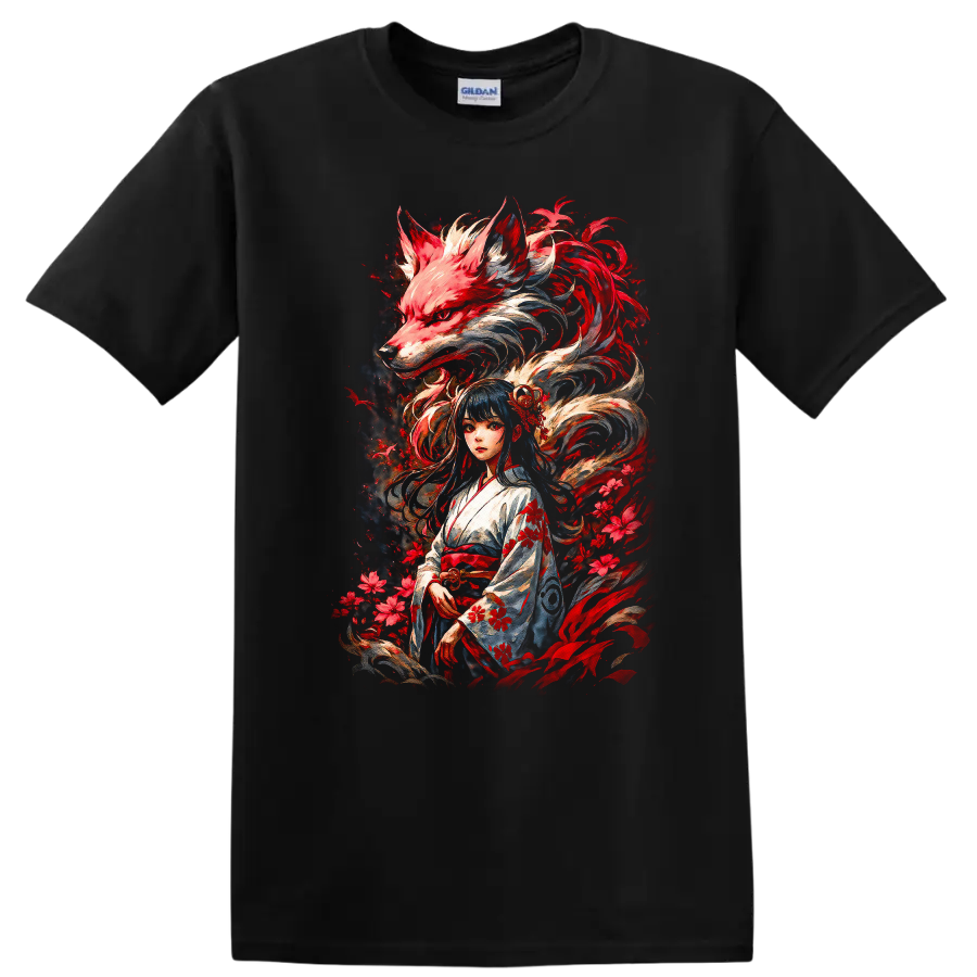 Japanese Style Kitsune Girl and Fox Spirit Anime T Shirt - Black