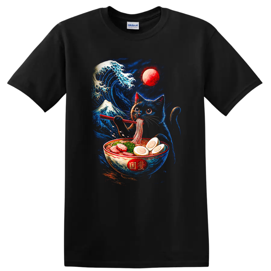 Japanese Cat Ramen Wave Moon T Shirt for Sushi and Anime Fans - Black