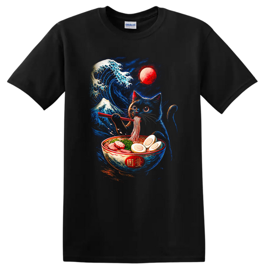 Japanese Cat Ramen Wave Moon T Shirt for Sushi and Anime Fans - Black