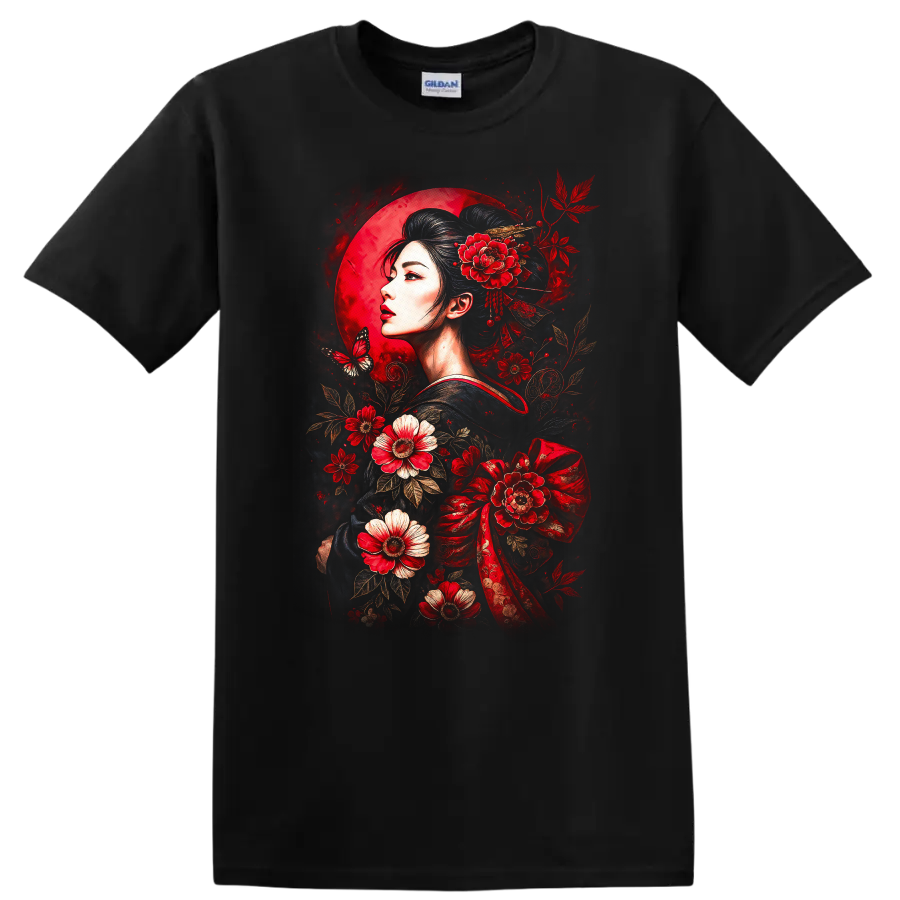 Japanese Style Geisha Floral Moon Art T Shirt for Women - Black