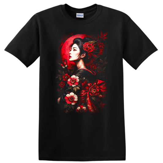 Japanese Style Geisha Floral Moon Art T Shirt for Women - Black