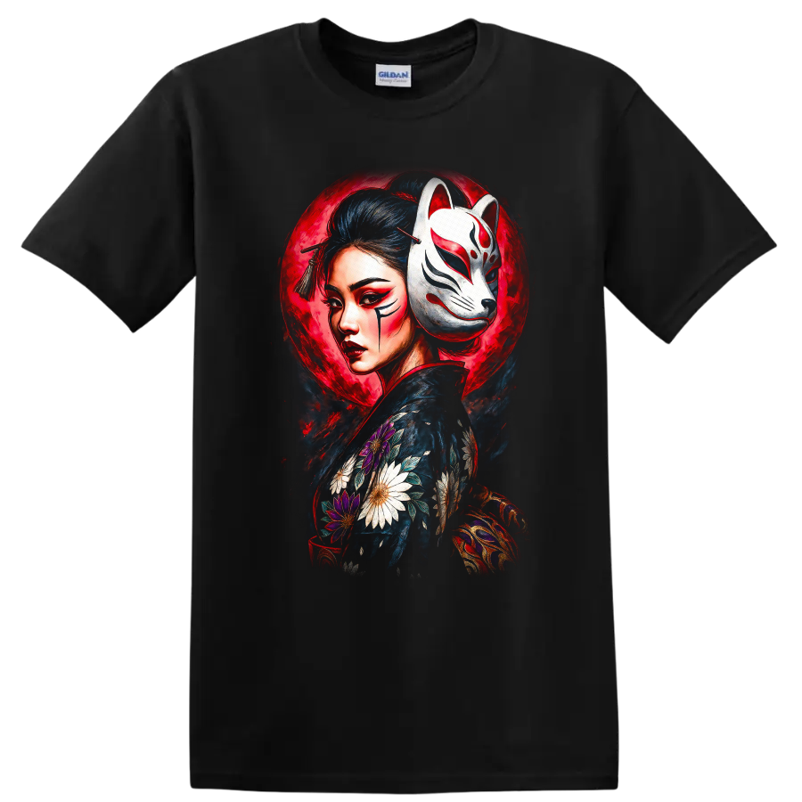 Japanese Style Geisha Fox Mask Floral Art T Shirt - Black