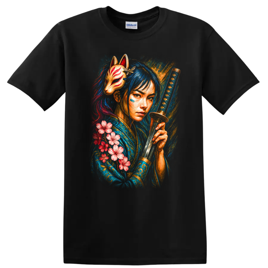Japanese Style Samurai Girl with Fox Mask and Katana T Shirt - Black