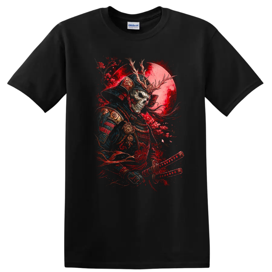 Japanese Samurai Warrior Skull Moon T Shirt Red Blue Art - Black