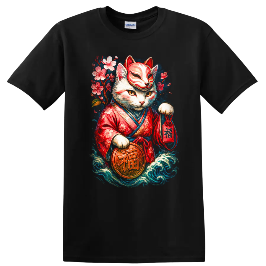 Japanese Maneki Neko Cat T Shirt with Floral Kimono Lucky Charm Art - Black