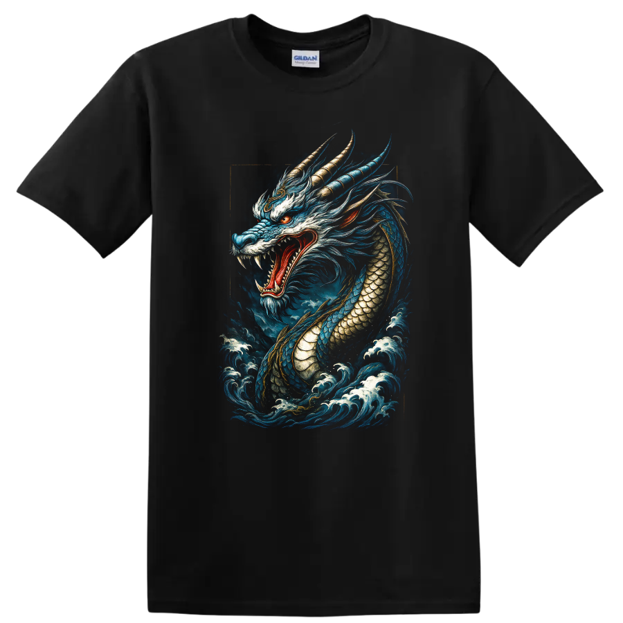 Japanese Style Blue Dragon T Shirt Fierce Mythical Wave Art - Black