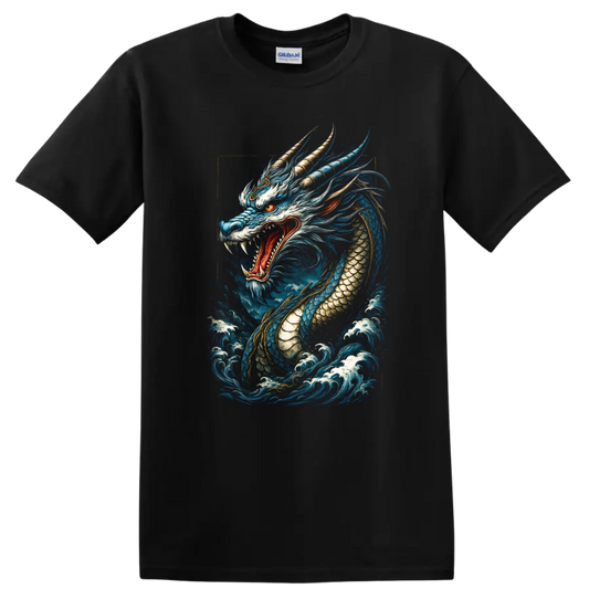 Japanese Style Blue Dragon T Shirt Fierce Mythical Wave Art - Black
