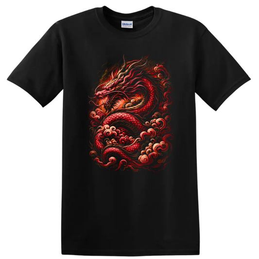 Japanese Red Dragon Fire Art T Shirt for Bold Streetwear Style - Black