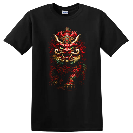 Japanese Foo Lion Dragon Mask T Shirt Colorful Mythic Creature Art - Black