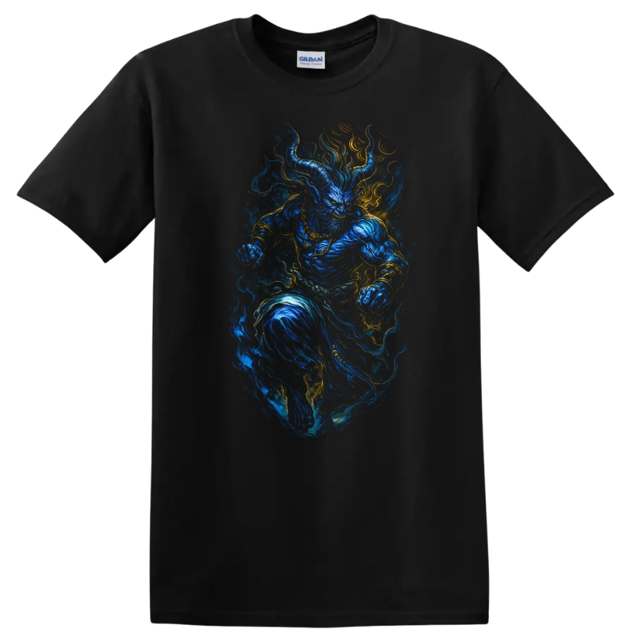 Japanese Style Blue Oni Demon Warrior T Shirt Mystical Flame Art - Black