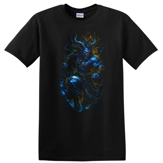 Japanese Style Blue Oni Demon Warrior T Shirt Mystical Flame Art - Black