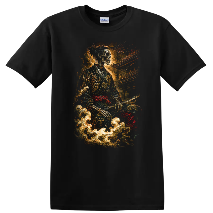 Japanese Style Skeleton Samurai T Shirt with Dark Floral Fire Art - Black