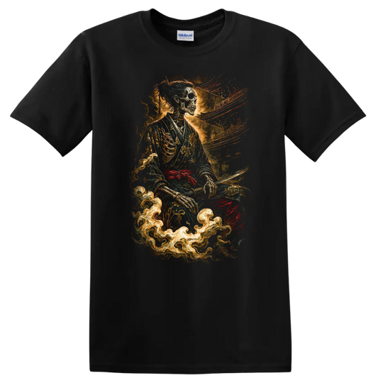 Japanese Style Skeleton Samurai T Shirt with Dark Floral Fire Art - Black