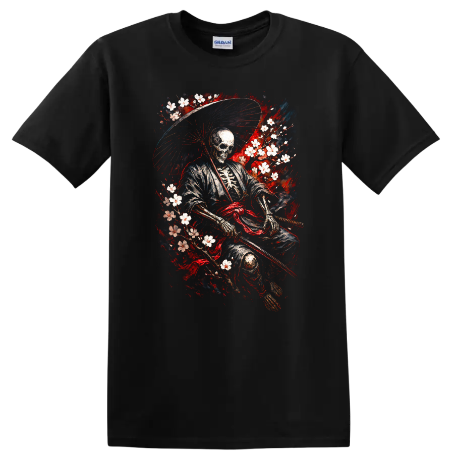 Japanese Skeleton Samurai Warrior T Shirt, Vintage Ink Style - Black