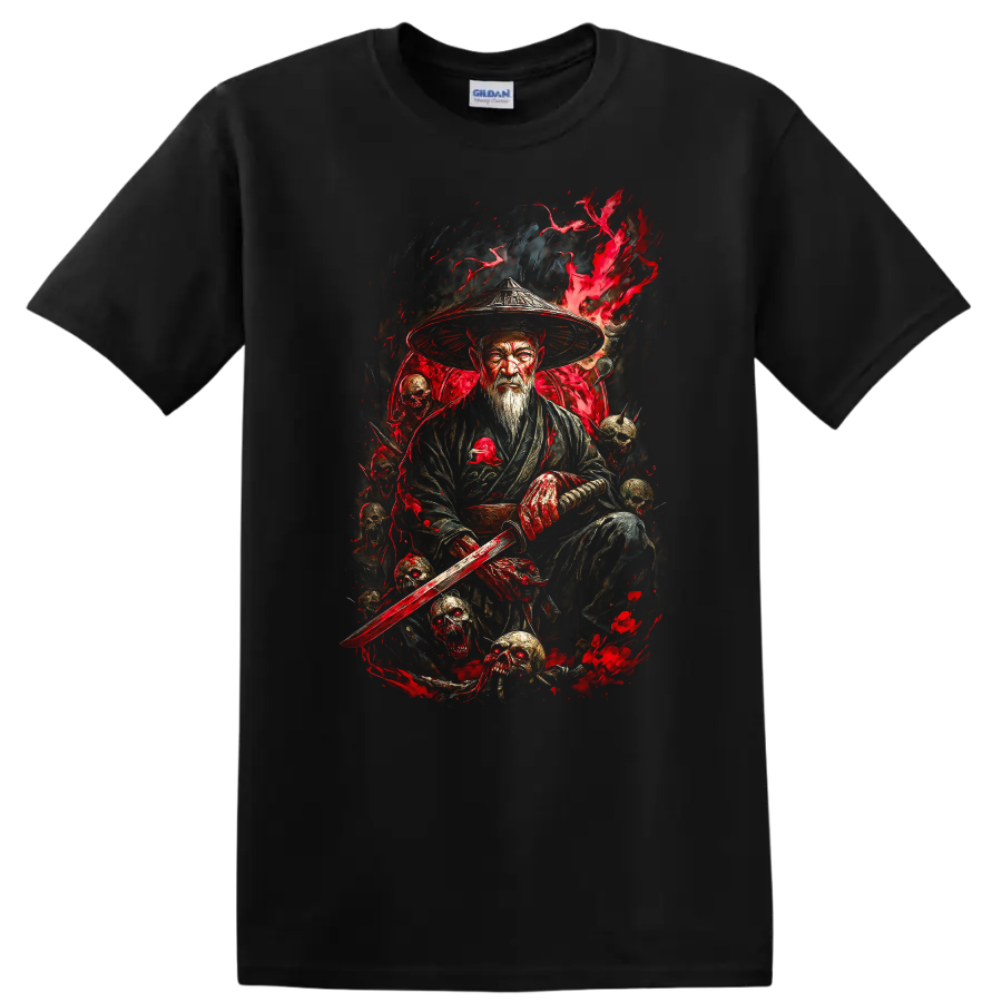 Japanese Samurai Warrior Sword Graphic T Shirt Dark Red Art - Black