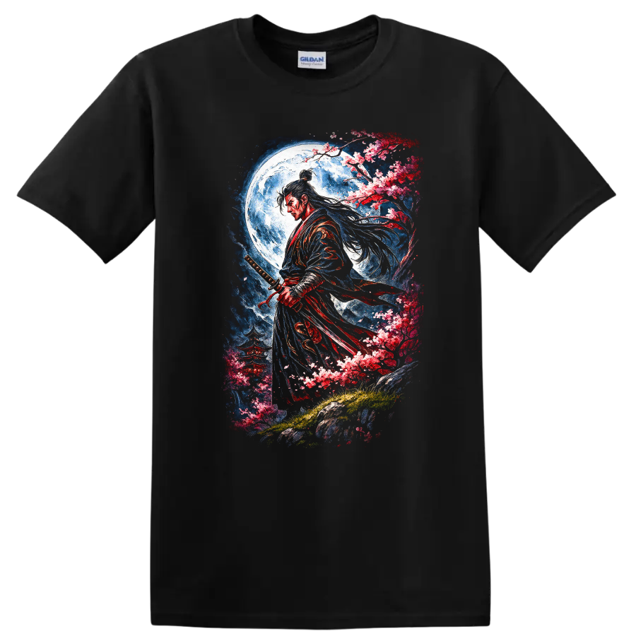 Japanese Samurai Moon Blossom Warrior T Shirt, Elegant Sword Art - Black
