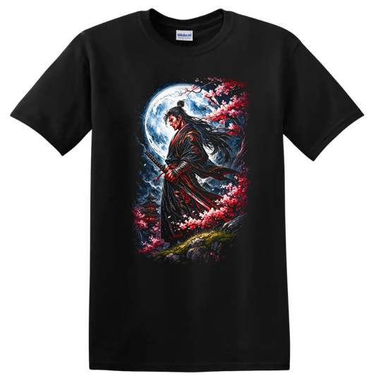 Japanese Samurai Moon Blossom Warrior T Shirt, Elegant Sword Art - Black