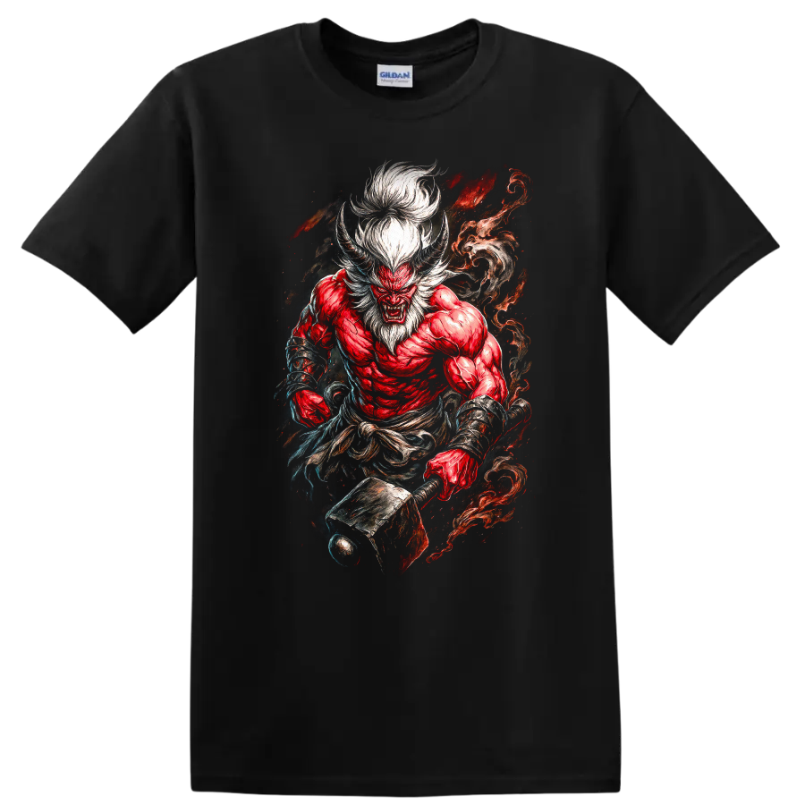 Japanese Demon Warrior T Shirt Red Oni Samurai Fire Art - Black