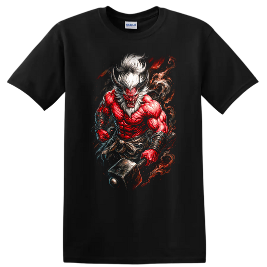Japanese Demon Warrior T Shirt Red Oni Samurai Fire Art - Black
