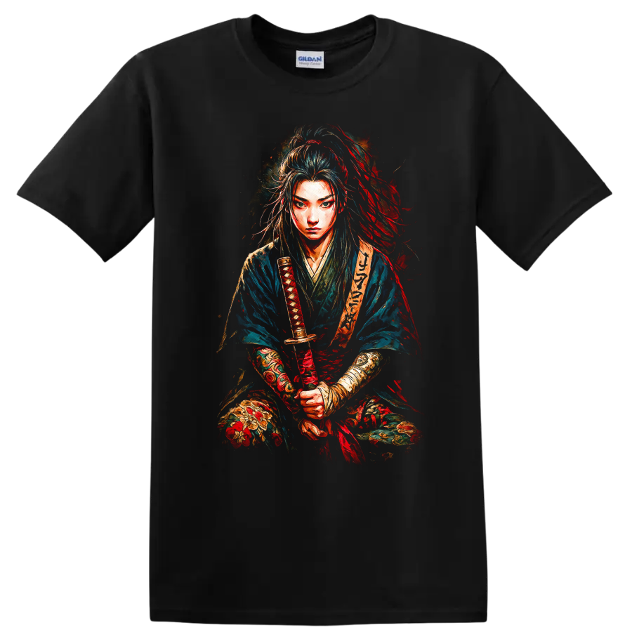 Japanese Samurai Warrior Portrait T Shirt Colorful Brushstroke Art - Black
