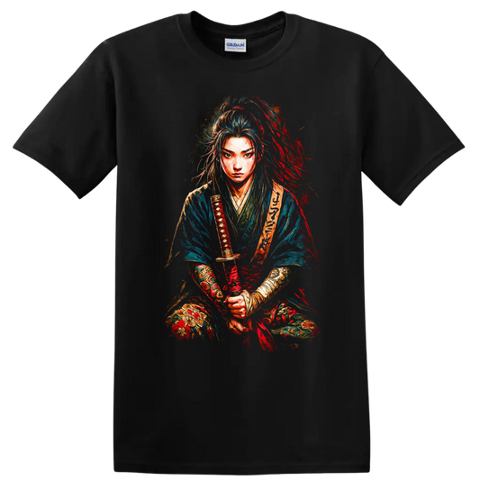 Japanese Samurai Warrior Portrait T Shirt Colorful Brushstroke Art - Black