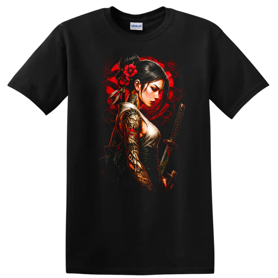 Japanese Warrior Woman Katana Floral Art T Shirt for Anime Style Fans - Black
