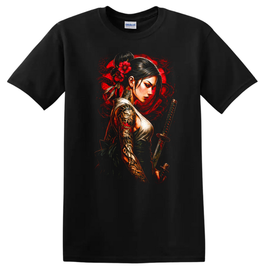 Japanese Warrior Woman Katana Floral Art T Shirt for Anime Style Fans - Black