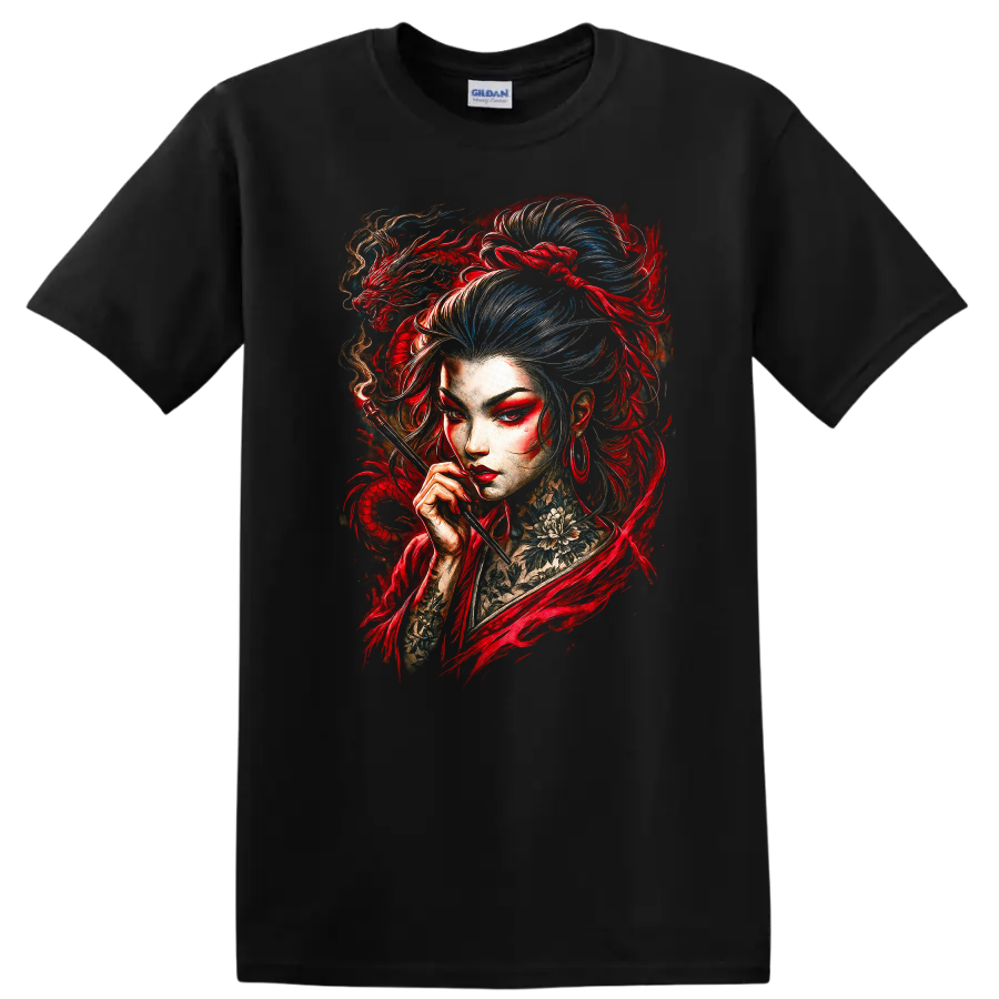Japanese Style Geisha Dragon Art T Shirt Vibrant Red and Blue Portrait - Black