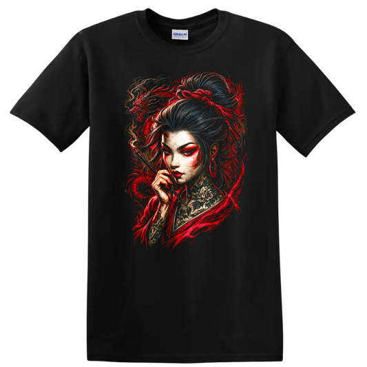 Japanese Style Geisha Dragon Art T Shirt Vibrant Red and Blue Portrait - Black