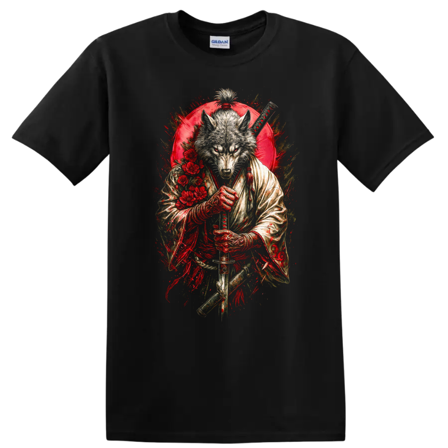 Japanese Wolf Samurai Sword Art Graphic T Shirt - Black
